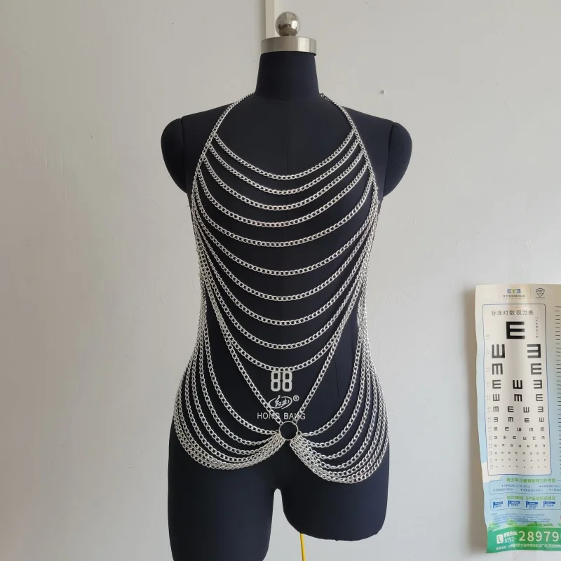 Damen Mehrschichtige Metallketten-Haltertop mit Ausschnitten, Sexy Körperkette, Cami-Weste für Nachtclub, Rave, Festival, Ärmelloses Streetwear-Oberteil – Detail 2