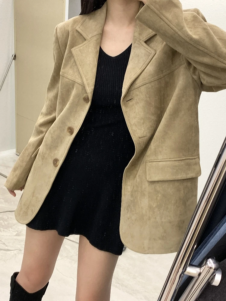 가을 겨울 여성용 루즈 캐주얼 빈티지 스웨이드 벨벳 시크 고급스러운 느낌 메랄 워드로브 코트 한국 스타일 긴 소매 버튼