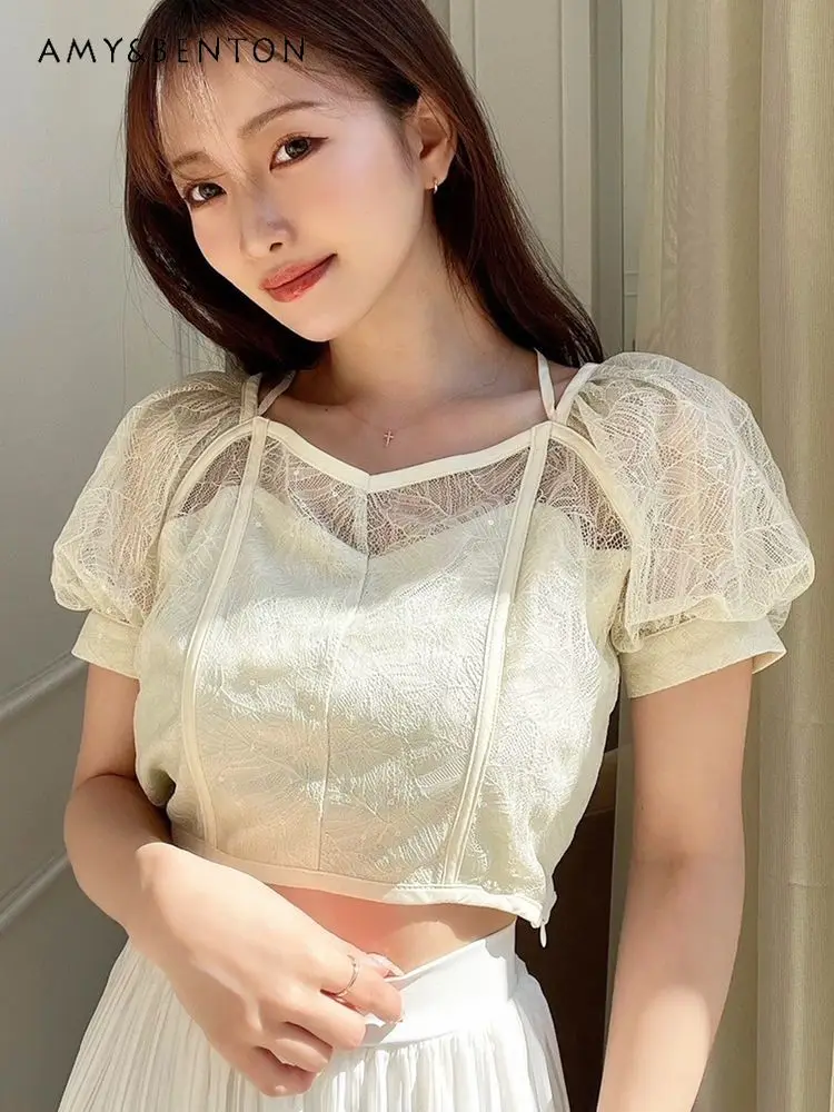 

Summer New Japanese Cute Sequined Lace Shirt Sweet Square Collar Puff Sleeve Slimming Women Shirt All Match Casual OL Camisas