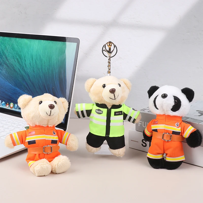 Traffic Police Small Bear Panda Plush Toys Keychain Police Firemen Animals Keyring Pendant Car Backpack Charms Bag Decor Gifts