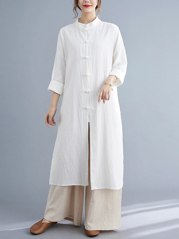 

Long Women's Buddhist Laywoman's Clothing Set Chinese Sle Button up irt Tea Artistic Monastic Outfit Cotton Linen Loose Fit