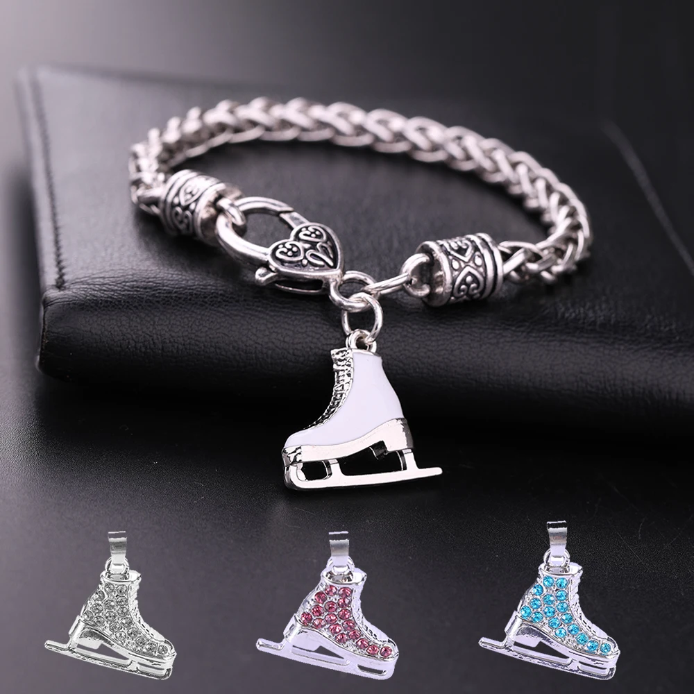 Fishhook Zircon 3D Ice Skate Shoe Bracelet White Enamel Luxury Blue Pink Crystal Thick Chain Bangle Charm for Man Women Jewelry
