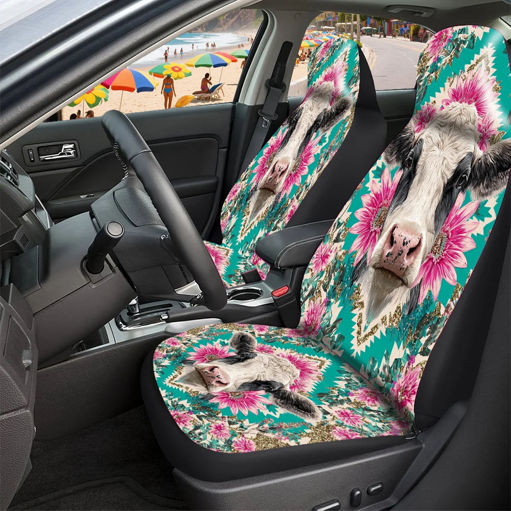 2-5 Seat Set Car Seat Covers Chic Cow Floral Print Durable Polyester Universal Fit For Truck SUV Off-Road Car Premium Holiday De