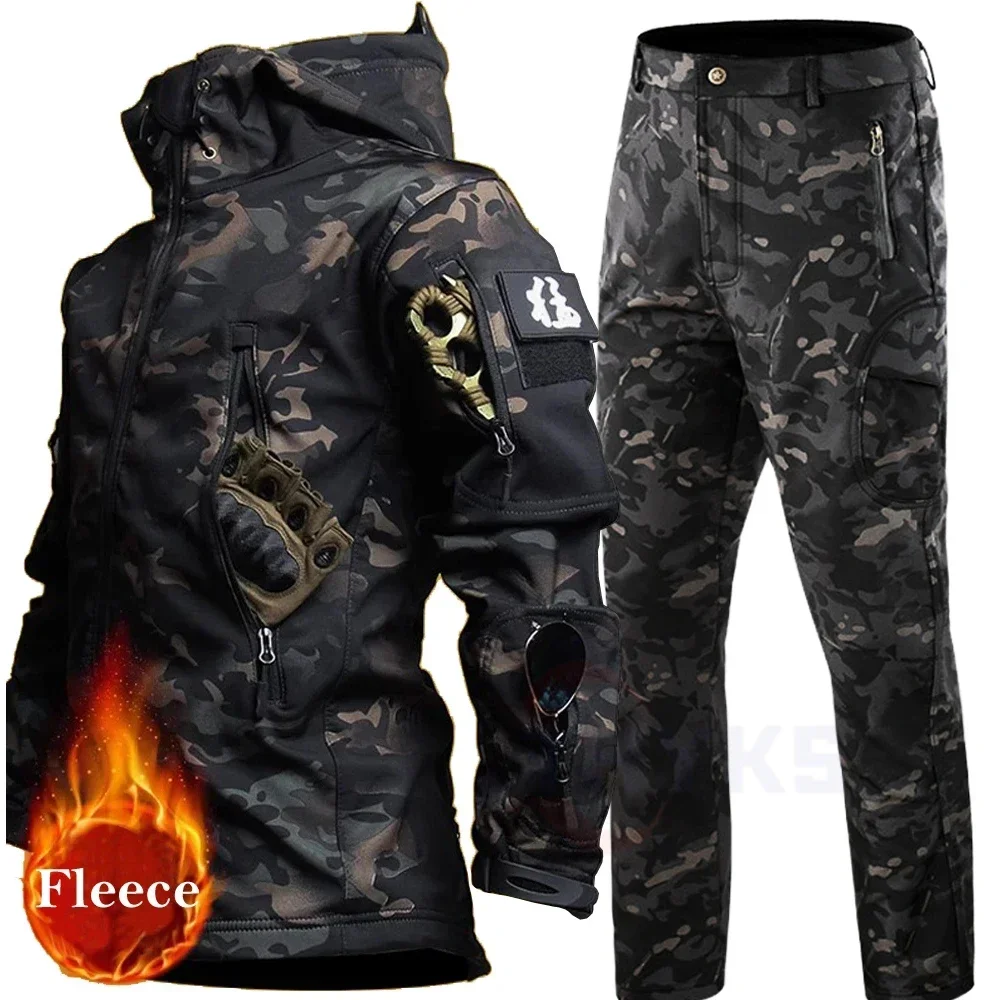 Sharkskin Sets Men Winter Work Pants 2 Pcs Set Outdoor Waterproof Tactical Suit Camo Mutli Pocket Combat Jacket Fishing