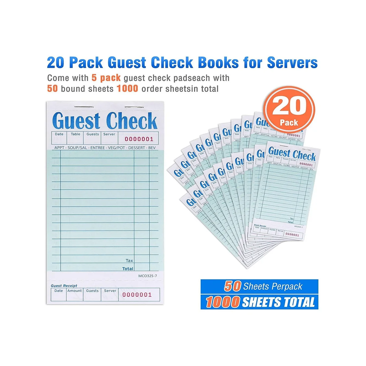 Livro de checks para convidados, 20 pacotes, blocos de notas de servidor, almofadas de fiação de acessórios de garçonete, almofadas de pedido de suprimentos de restaurante, contagem total de 1000