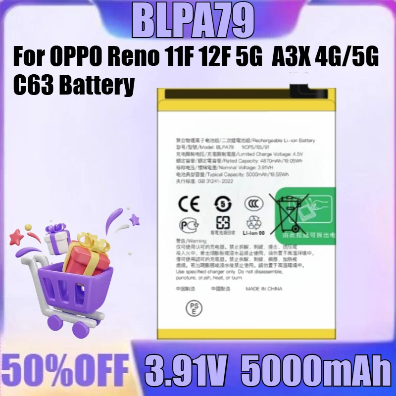 

New for OPPO Realme BLPA83 BLPA77 BLPA79 BLPA41 Battery For OPPO Reno 11F 12F 5G A3X 4G/5G C63 Battery
