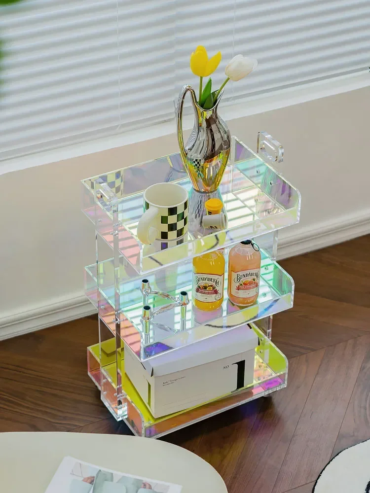 Luxury Acrylic Livingroom Sofa Side Coffe Table Furniture Designer Transparent Colorful Mobile Tea Table Trolley Storage Cabinet