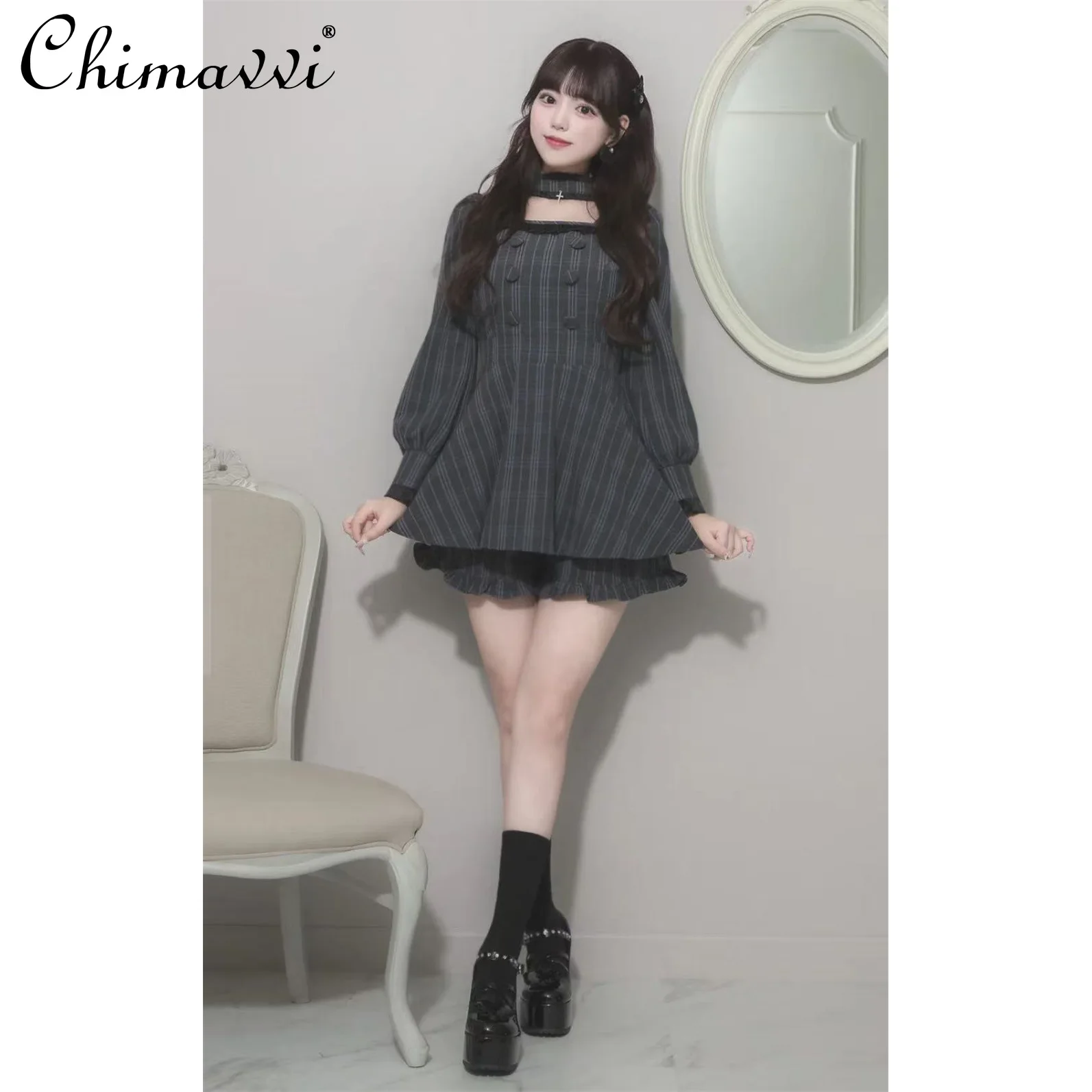 اليابانية الحلو فتاة المختنق الصليب مزدوجة الصدر فستان الدانتيل أعلى + مجموعة تي شيرتات قصيرة للأطفال Kawaii لوليتا فتاة النساء Y2k قطعتين مجموعة