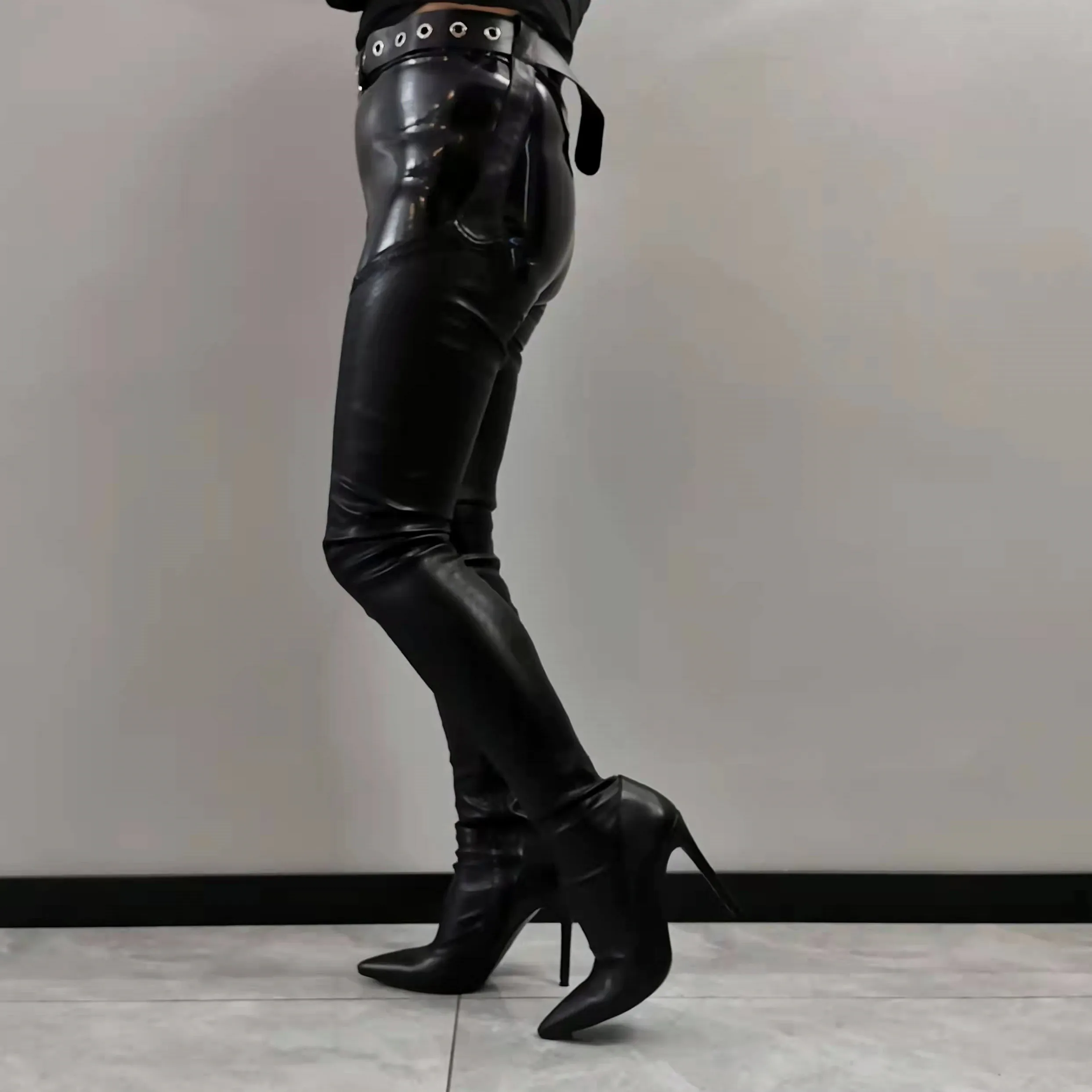 Women Man Cosplay Thigh High Boots Faux Leather Belted Side Zip High Heels Chap Boots Over Knee Shoes Woman Large Size 35- 47