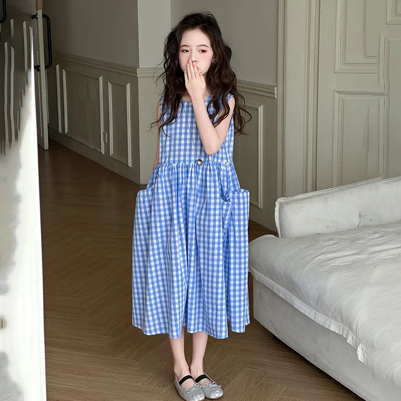 26 Spring Summer New Sleeveless Plaid Dress Girls Children's Clothes Stylish Pocket Vest Dress Fashion 10-18 Years Kid Outfit