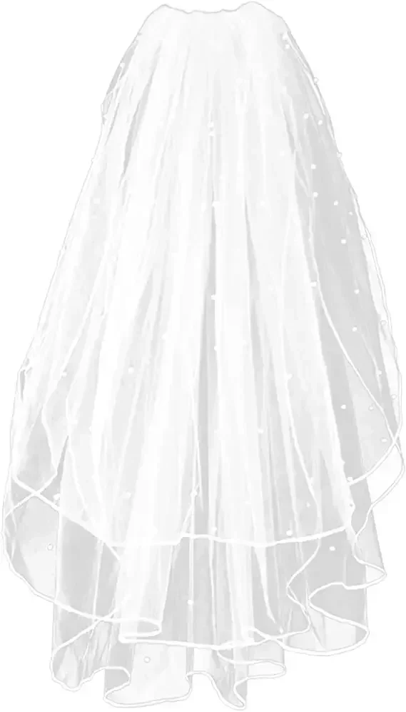 White Bridal Veil with Comb 3 Tier Ribbon Edge with Pearl Center Cascade for Bachelorette Party