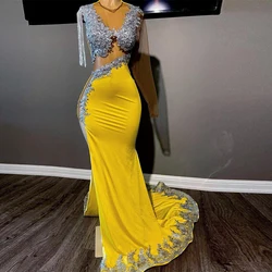 Luxurious Mermaid Prom Dresses Side Split One Long Sleeve Evening Party Gown Velvet Lace Appliques Arabic Aso Ebi Bithday Robes