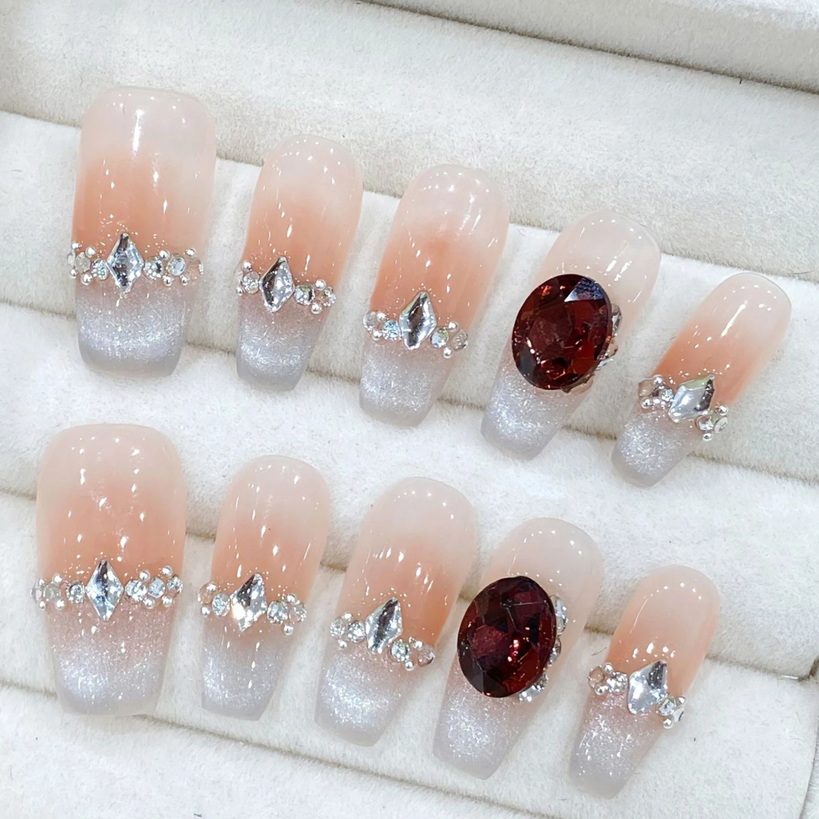 

10pcs Blush Pink False Nails Handmade Glitter Cat's Eye Press On Nails With Flash Rhinestone Designs Full Cover Nail Tips Art