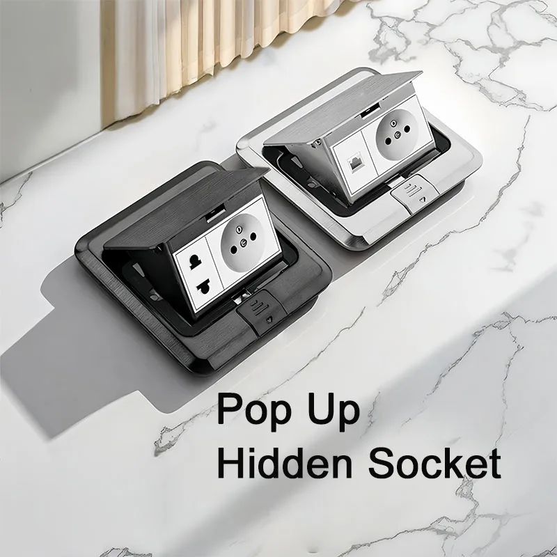 

100mmx100mm Pop Up Floor Socket 16A Power Socket with RJ45, EU/FR/UK/UN Plug Adapter, Hidden Countertop Floor Outlet Cover Box
