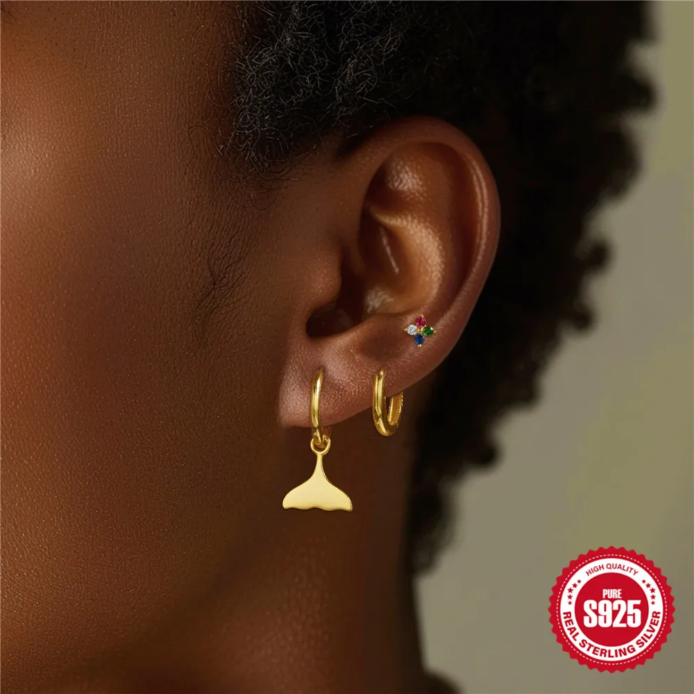 100% 925 Sterling Silver Zircon Geometric Earring for Women Girl Smooth Simple Fish Tail Design Jewelry Party Gift Dropshipping
