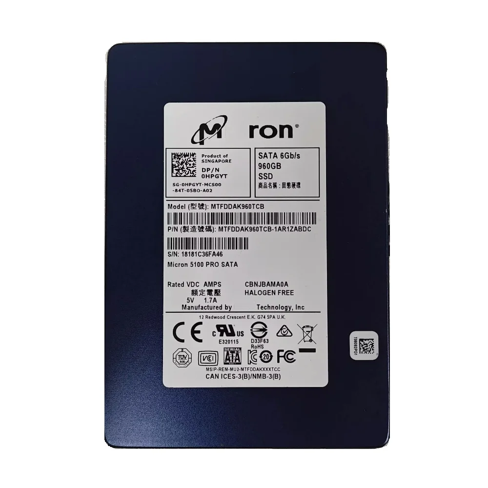 

Б/у SSD Micrn 5100 PRO 960G SATA3 2,5-дюймовый плотный сервер для записи Enterprise Твердотельный накопитель Здоровье 90%+ Случайная версия