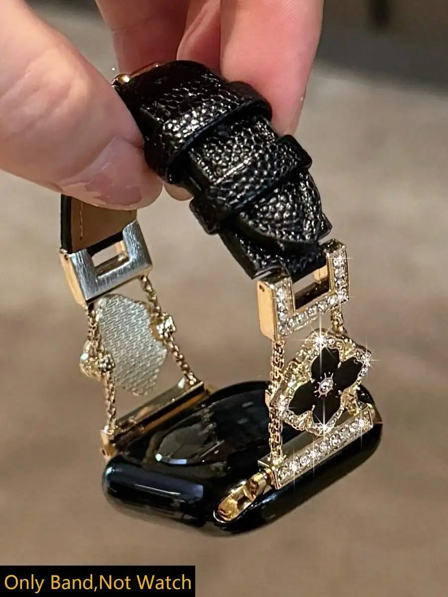 

Элегантный черный ремешок для часов из натуральной кожи с золотистой пряжкой, украшенной кристаллами, совместимый с Apple Watch