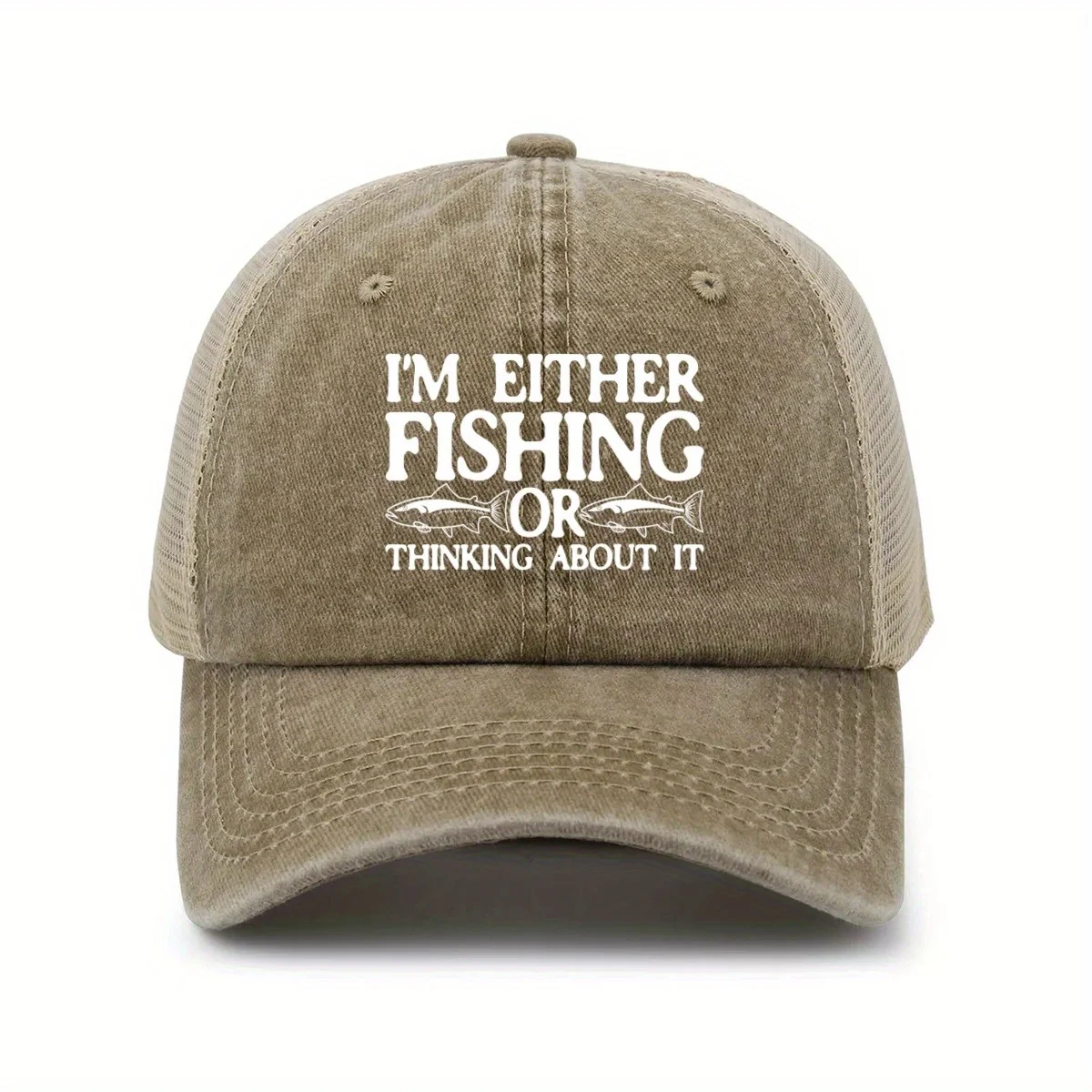 Unisex Baseball Cap with "I'm Either Fishing or Thinking About It" Design Gray Beige Trucker Hat for Outdoor Casual Wear view 3