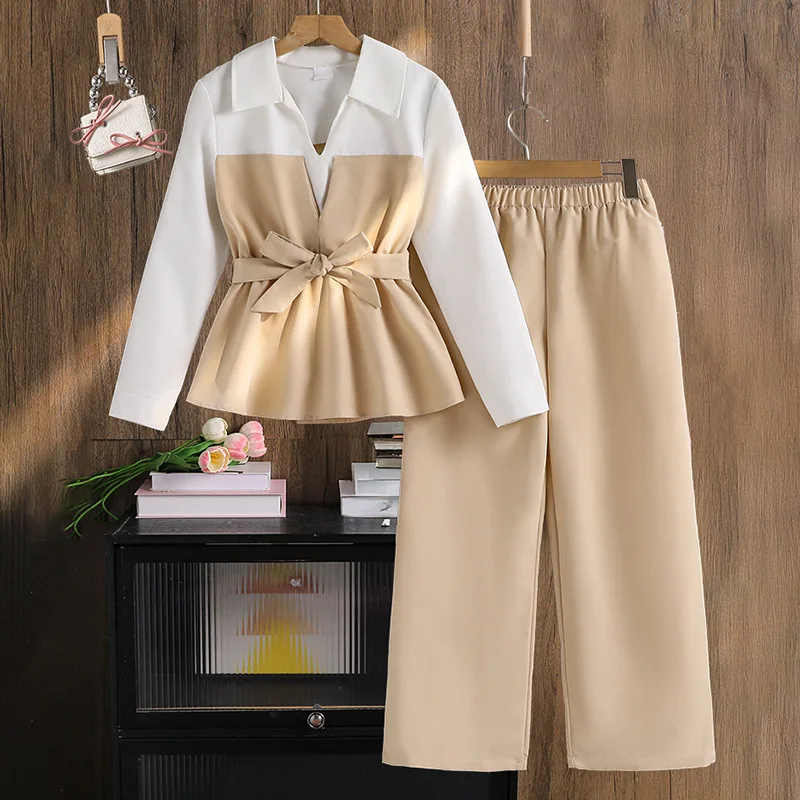 

Новинка осени 2023 года, комплект одежды для девочек, лоскутная рубашка с длинными рукавами и лацканами + брюки, костюм из 2 предметов для девочек-подростков 8-12 лет, весенний стильный наряд