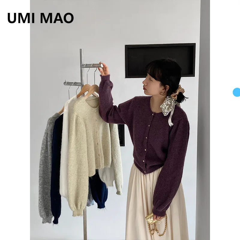 

UMI MAO женский кардиган с полусахарным молочным мехом енота Fu, весна-лето 202, мягкая верхняя одежда с круглым вырезом для миниатюрных женщин