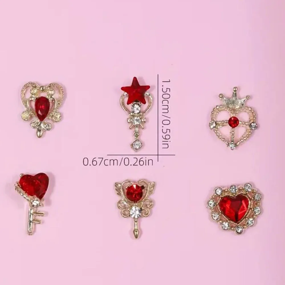 22/30個入り レッドクリスタルハートスターネイルチャーム ダイヤモンド3Dラグジュアリーゴールデンベースマジックワンド レッドジェムネイルラインストーン ネイルアート用品