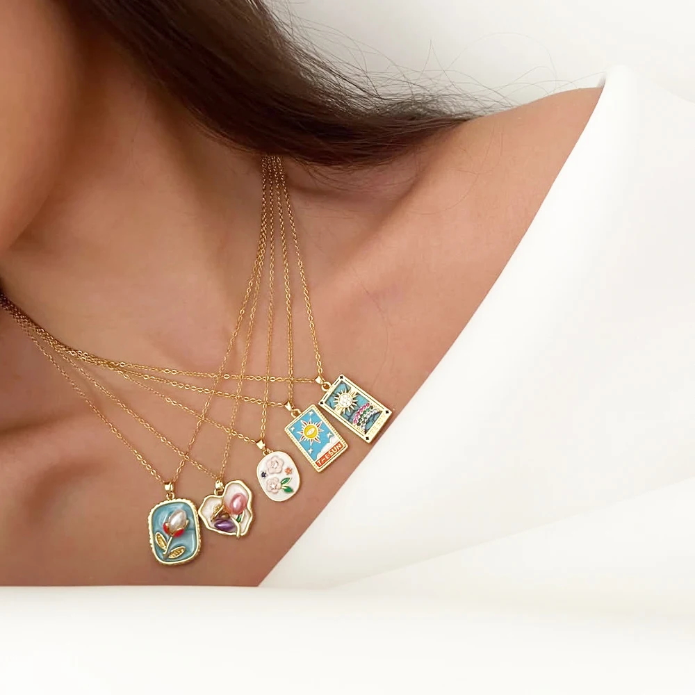 316L Stainless Steel Colorful Drop Oil Flower Heart Irregular Necklace For Women Girls Vintage French Delicate Jewelry Gifts