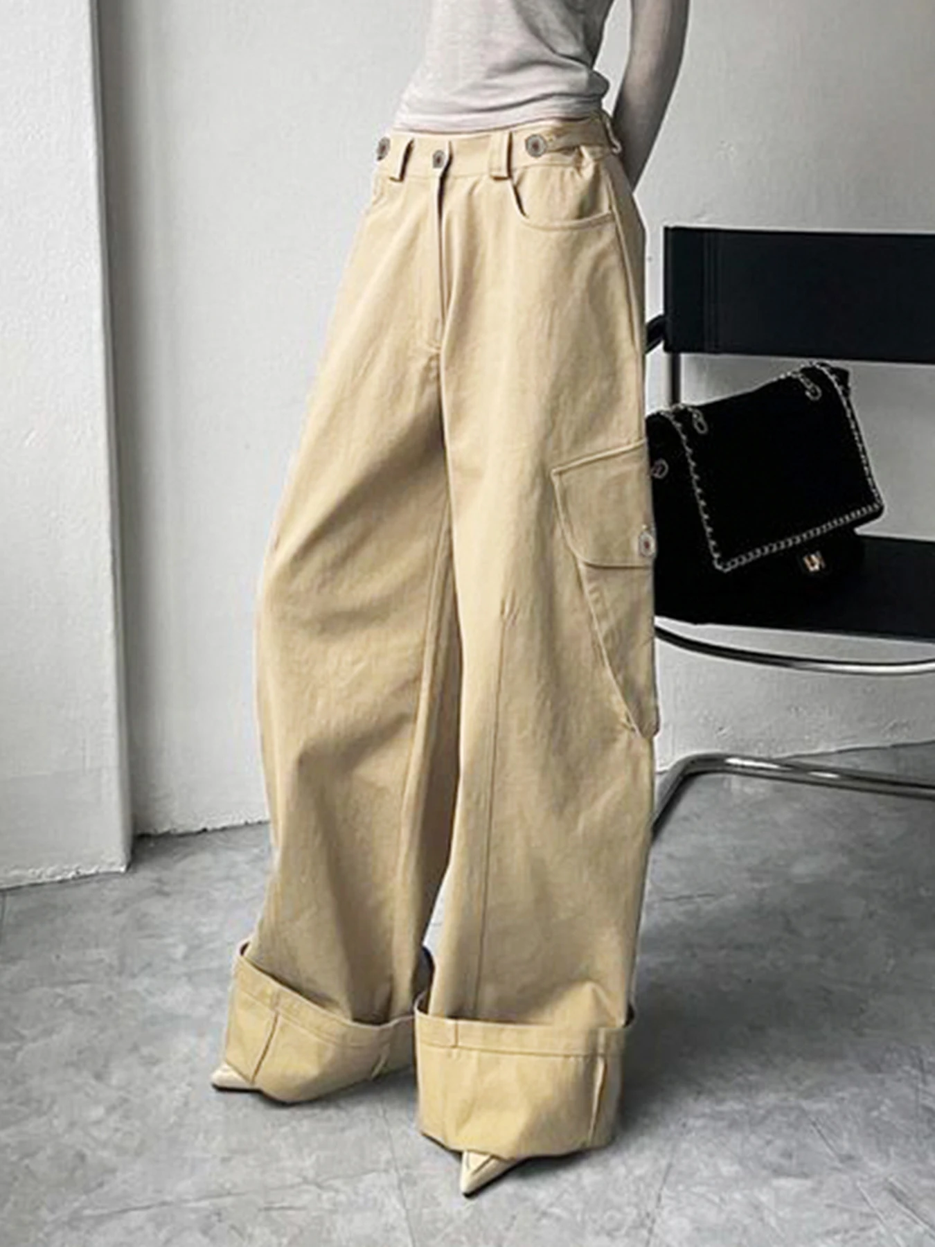 Rockmore Y2K Khaki Cargo Pants Harajuku Streetwear Wide-leg Pockets Trousers Women Mid Waist Oversized Jeans Vintage Casual 2024