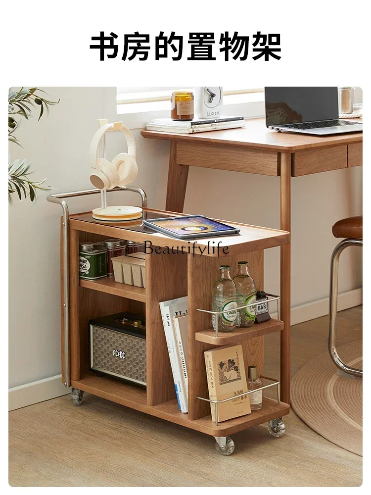 05 FG17Movable Cherrywood Coffee Table Living Room Sofa Side Cabinet Solid Wood Log Wind Pulley Trolley