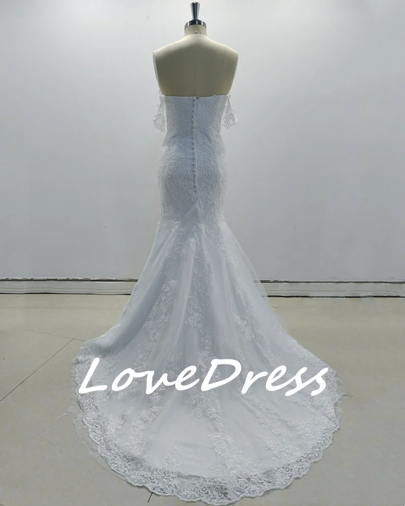 Lovedress-女性のためのマーメイドカットのウェディングドレス,裸の肩のレースのアップリケ,セクシーな背中,ボタン付きのウェディングドレス