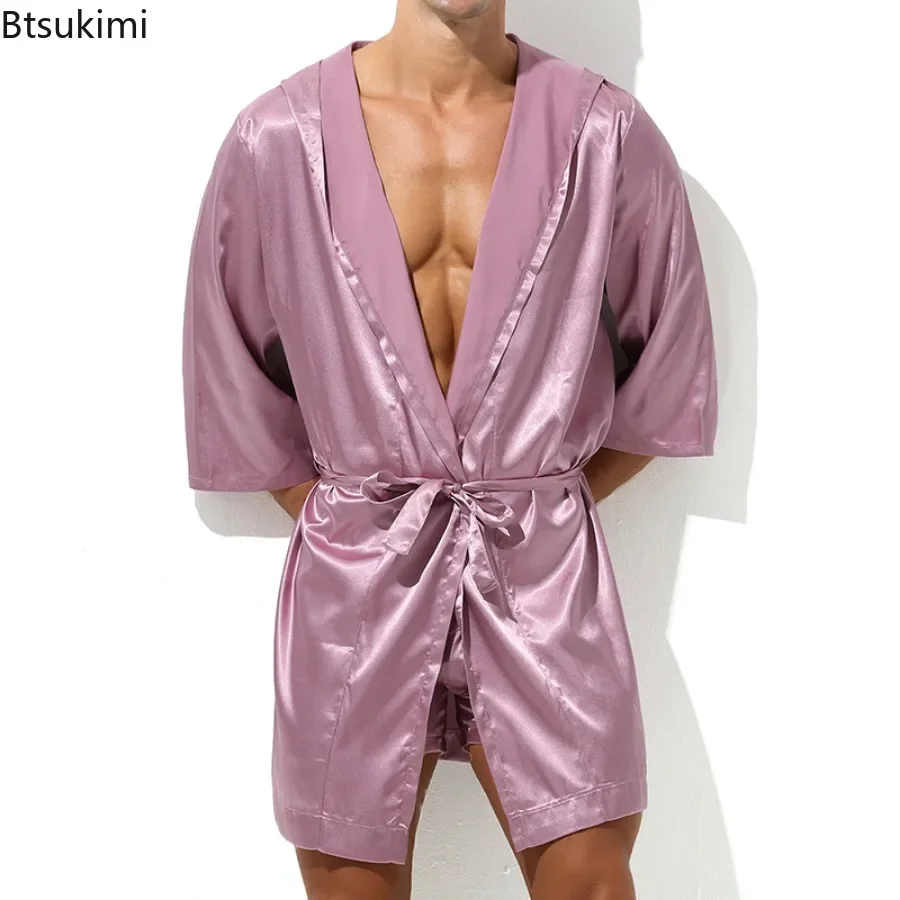 Men\'s Silk Satin Hooded Robes Half Sleeve Slip Causal Long Bathrobe Tracksuit Loungewear Sleepwear Bathrobe Night Gown for Men