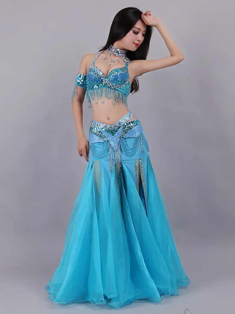 Ropa de baile india para mujeres adultas, conjunto de traje de danza del vientre con cuentas y lentejuelas y bordado de diamantes, trajes Rave para mujer