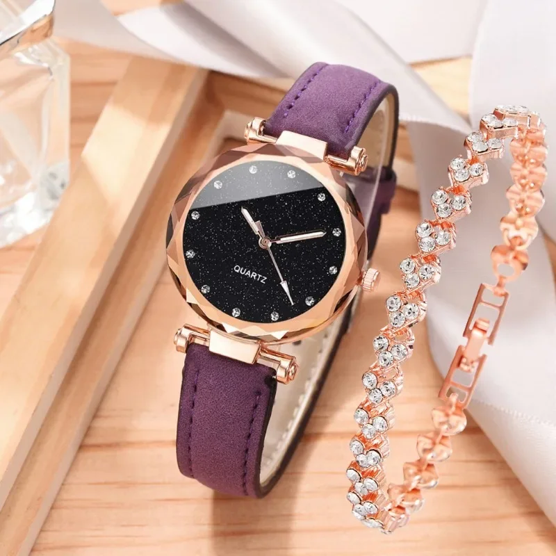 Starry Sky-relojes de lujo para mujer, pulsera de cuarzo con diamantes de imitación, banda de cuero, estilo superior, a la moda