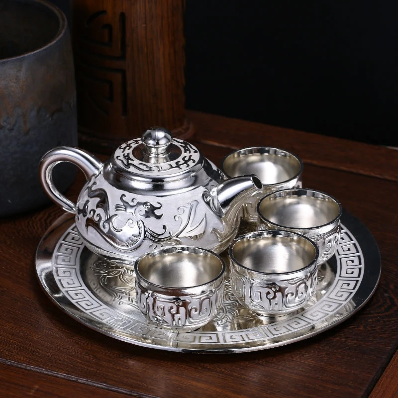 Silver Cup 999 pure silver dragon totem tea set wine set tray pot european-style retro tea set festival gift