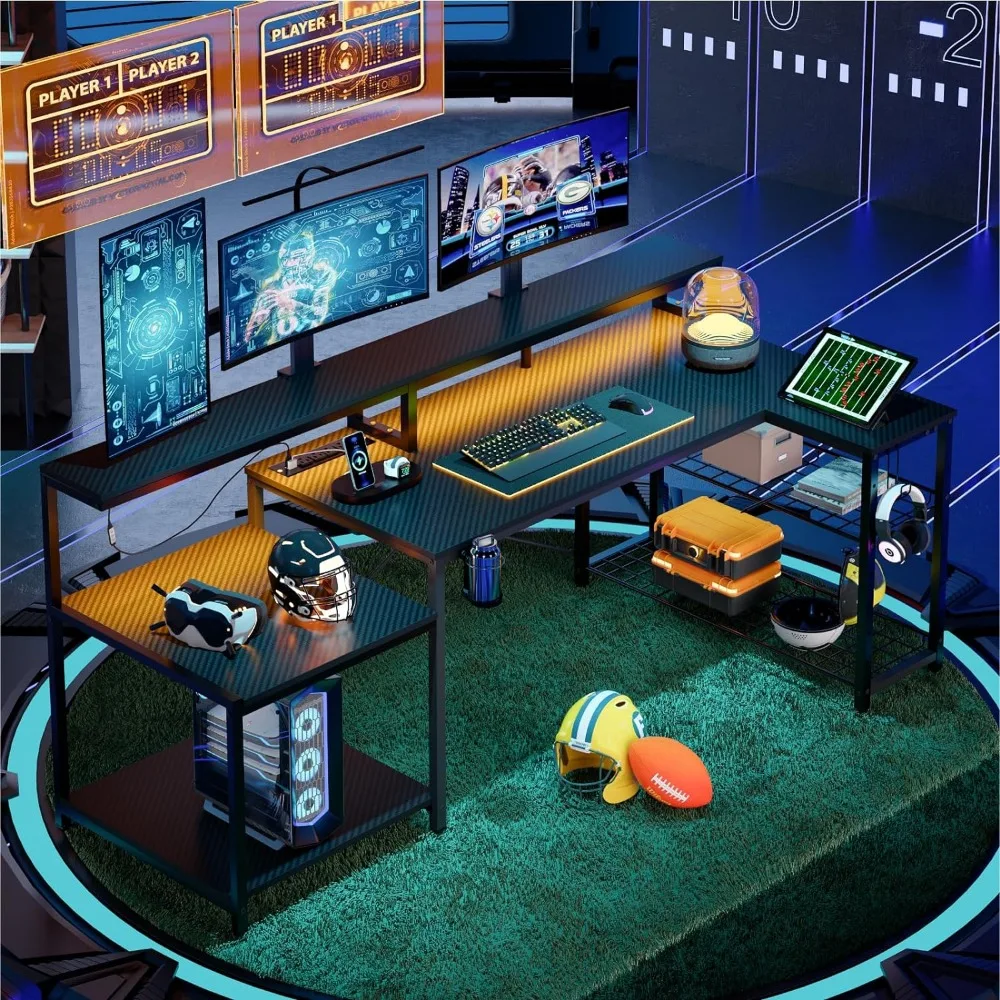 LED Computer Gaming Table com Monitor Stand, L Shaped Grande Mesa, Metal Prateleira, Móveis para Quarto, PC, 71,5"