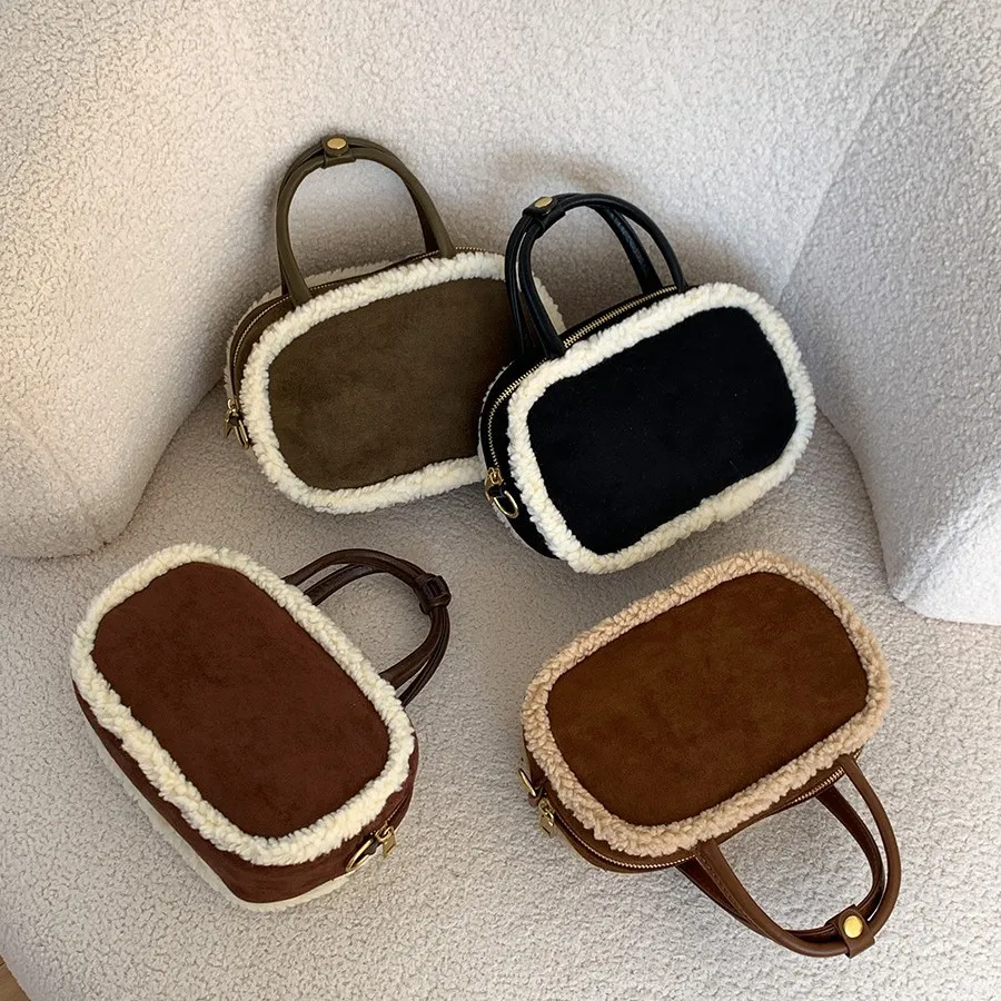 

Vintage Faux Suede Women Handbags Lambswool Patchwork Shoulder Bags Maillard Autumn and Winter Crossbody Bag Small Tote Purses