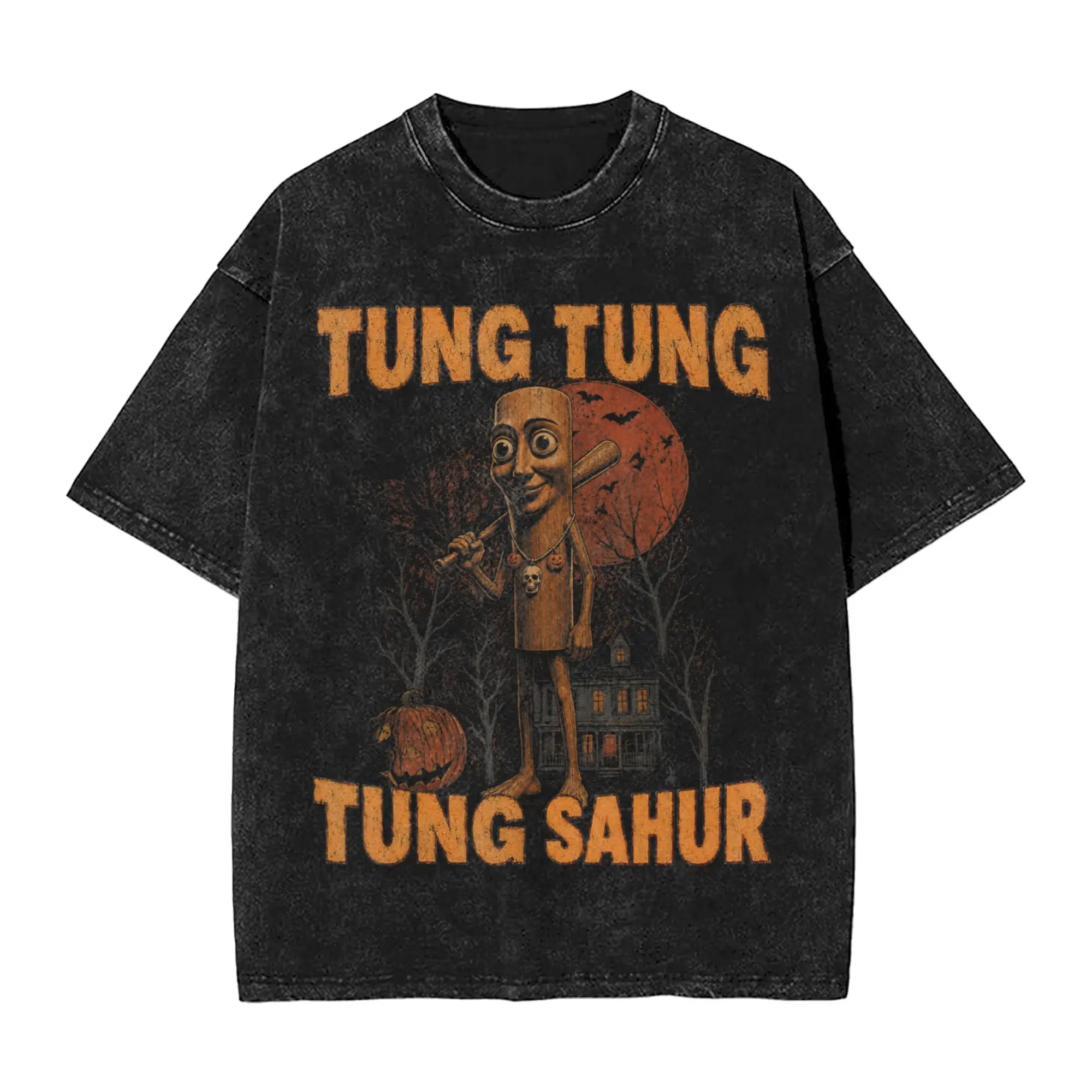 Vintage Vintage Halloween Tung Tung Sahur Pumpkin Scary T-Shirts for Men Crewneck Cotton Washed T Shirt  Short Sleeve Tee Shirt