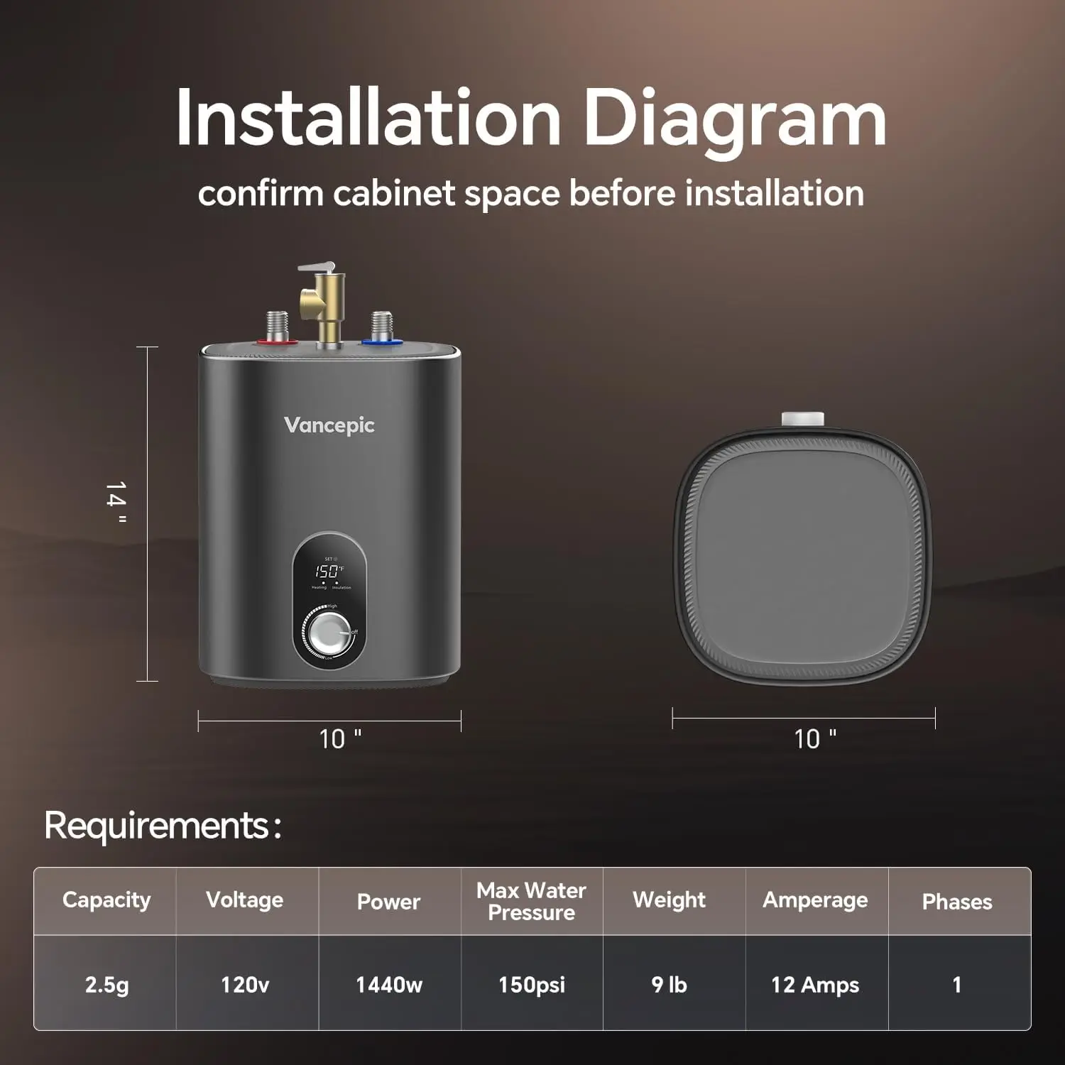 Gen II 2.5-Gallon Electric Mini-Tank Water Heater, 120V, 1440W Instant Hot Water for Point-of-Use, Quick and Easy Installation,