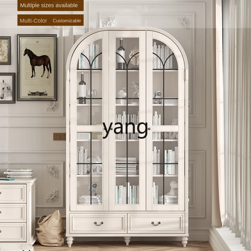 Yjq Solid Wood Vintage Wine Cabinet Customized Arched Door Glass Dust-Proof Bookcase Study Display