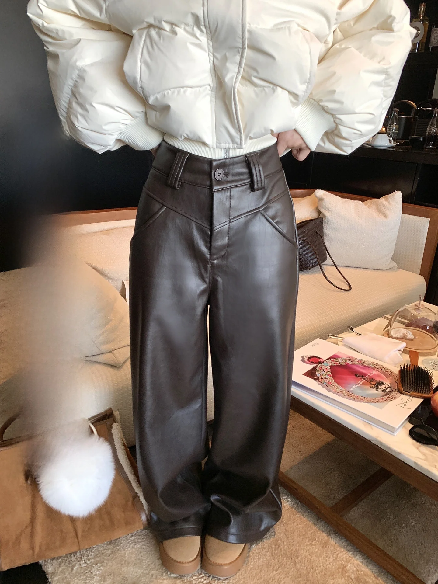 

Модные женские брюки из искусственной кожи на флисовой подкладке, прямые, широкие, длинные, с высокой талией, повседневные, цветные, светоотражающие