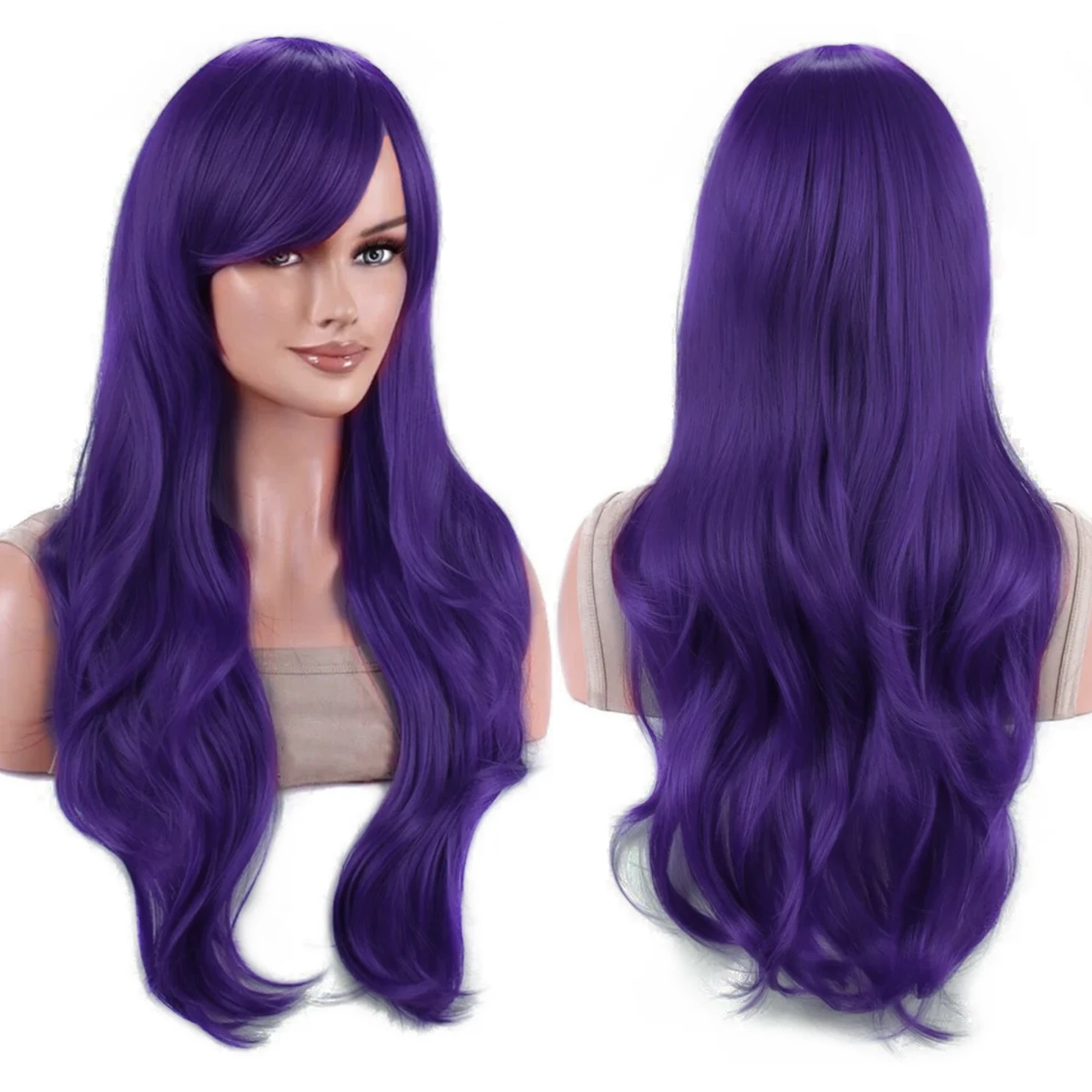 Peluca de pelo sintético largo y ondulado, color morado, Lolita Saeko Busujima, peluca de Cosplay, pelucas de Anime, Misato Katsuragi, peluca de disfraz de Halloween para niña