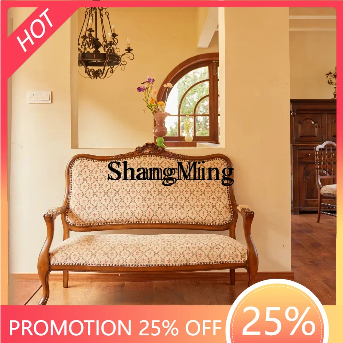 

FG good-looking household solid wood sofa retro old carved living room fabric double leisure chair cafe chair