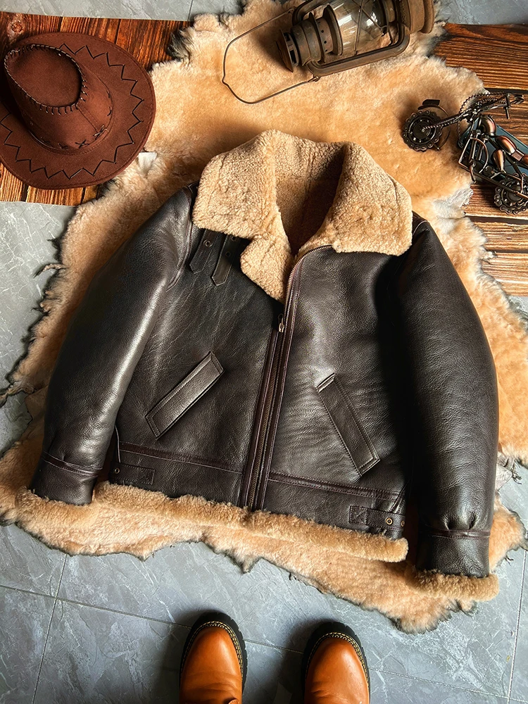 

Новая мода 2025, мужское зимнее пальто из натуральной овчины, дубленка, куртка из толстой шерсти, коричневая, большие размеры XXXXXXL