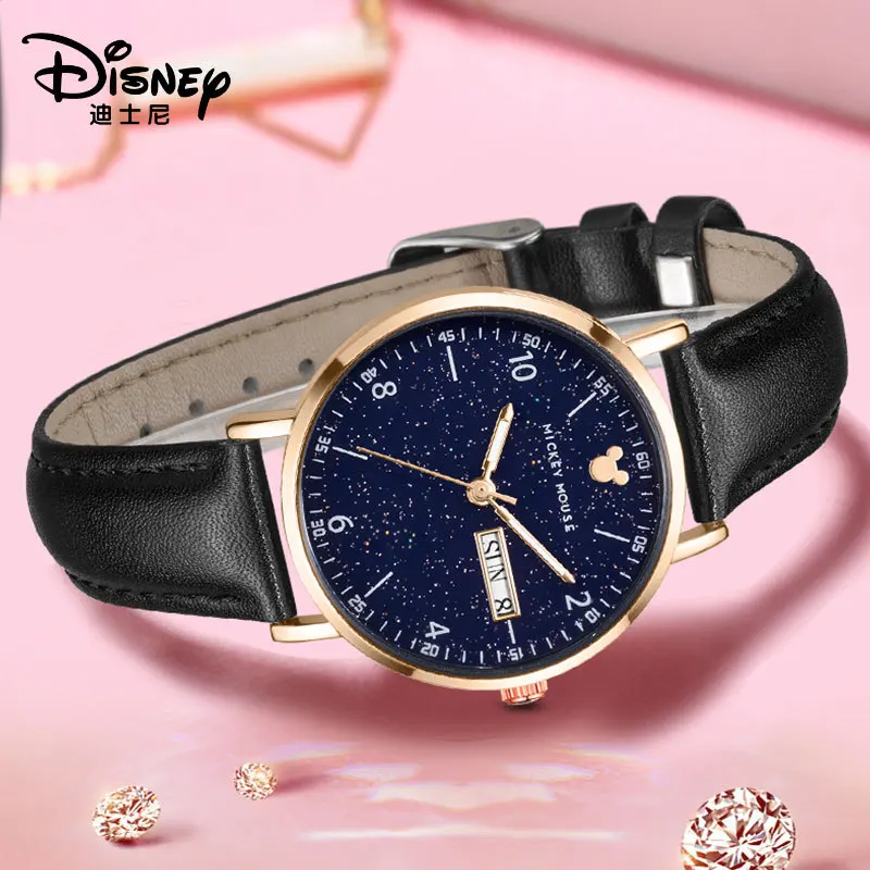 Disney Fashion Jam Tangan Wanita Bermerek Asli Mickey Mouse Jam Tangan Wanita Kulit Jam Kuarsa Wanita Kotak Hadiah Tahan Air