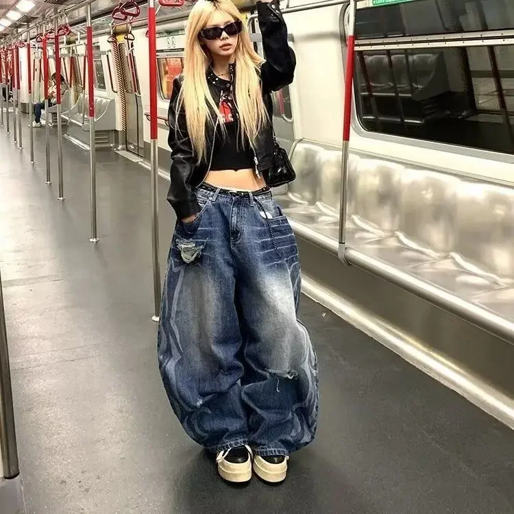 Women Jeans Baggy Wide Fit Boyfriend Denim Pants Grunge Punk Ripped Y2K Japanese Harajuku 2000s American Retro Design