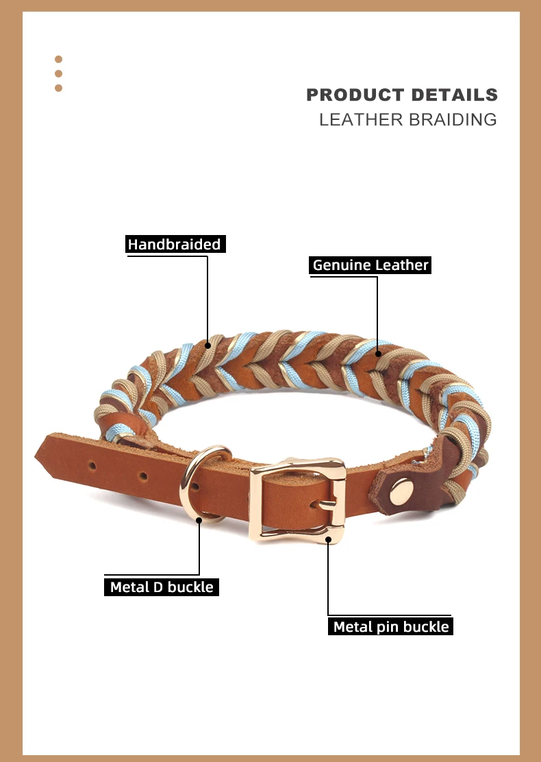 Echtes Lederhalsband für starke und langlebige Welpen, mittelgroße und große Hunde, modisches geflochtenes buntes Nylonseil-Hundehalsband, neu eingetroffen – Detail 2
