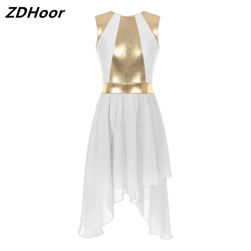 

Women Metallic Color Dance Dresses Lyrical Contemporary Block Lyrical Invisible Zipper Back Irregular Hem Sleeveless Dresses