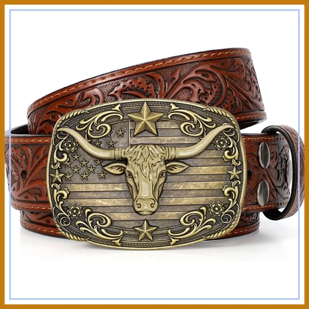 

Western Cowboy Belt with Bull Buckle for Men Women, Leather Belt for Jeans