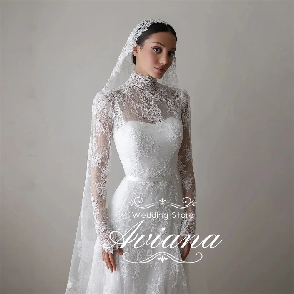 Aviana مخصص الرقبة العالية ثوب الزفاف شير الدانتيل الأكمام كامل الدانتيل الزينة قطار طويل أنيق فاخر اليدوية الساحرة