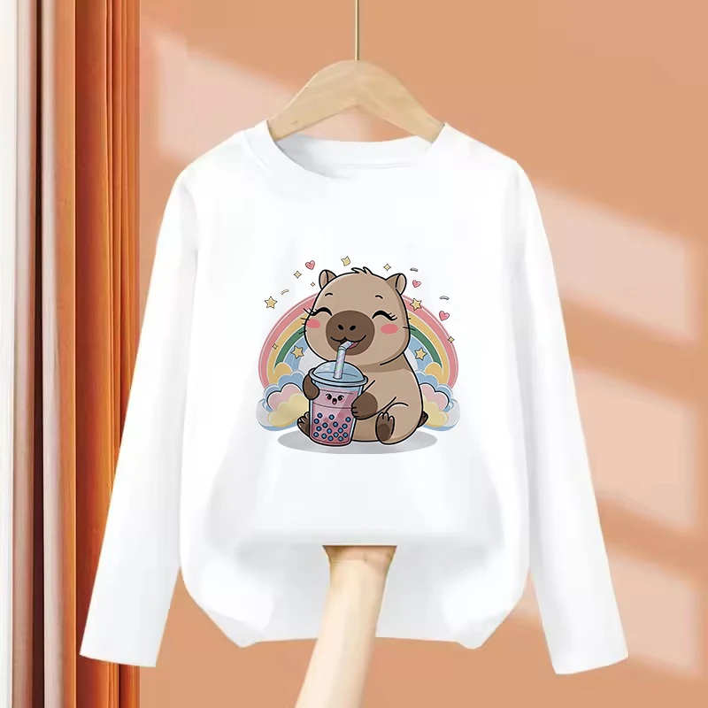 Long Sleeve New 2026 Happy Capybara Funny T Shirts Manga Kids Children's T-shirt Boys Girls Summer Spring Casual Top Tee Shirt