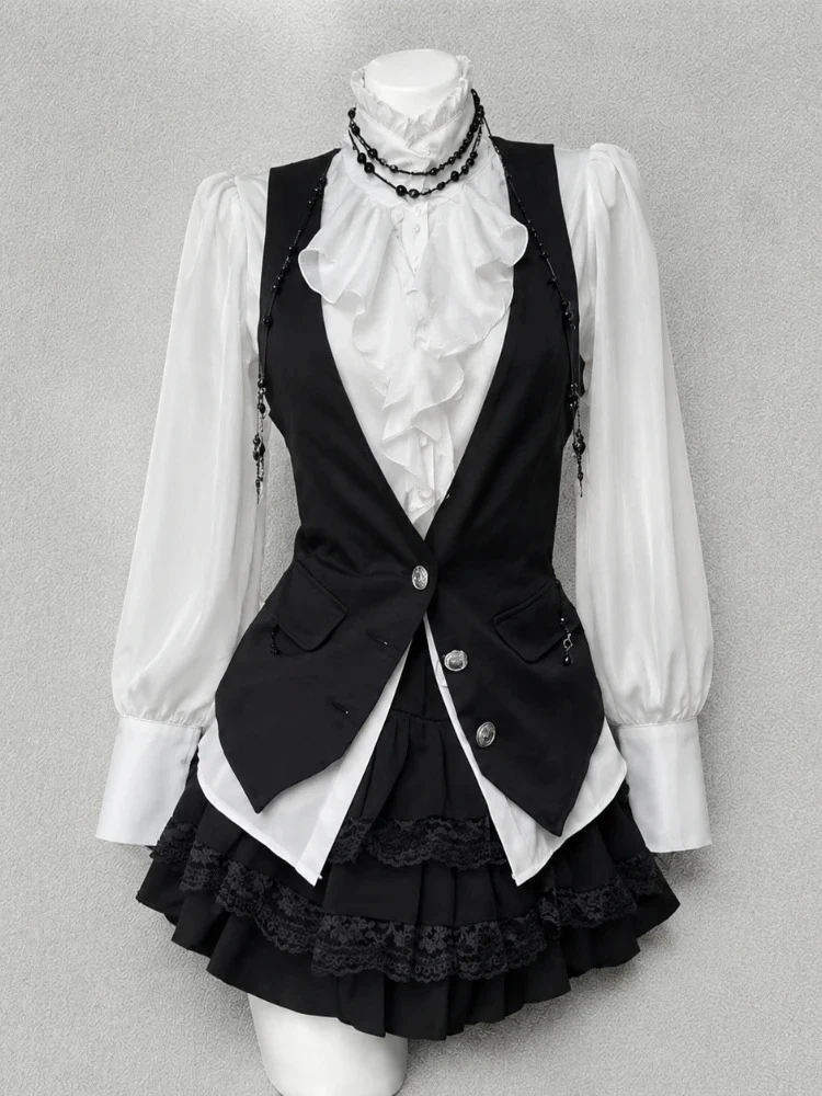 2026 French Vintage 3 Piece Court Style Outfit Women Elegant Blouse Vest Mini Skirt Retro Evening Party Daily Skirts Set